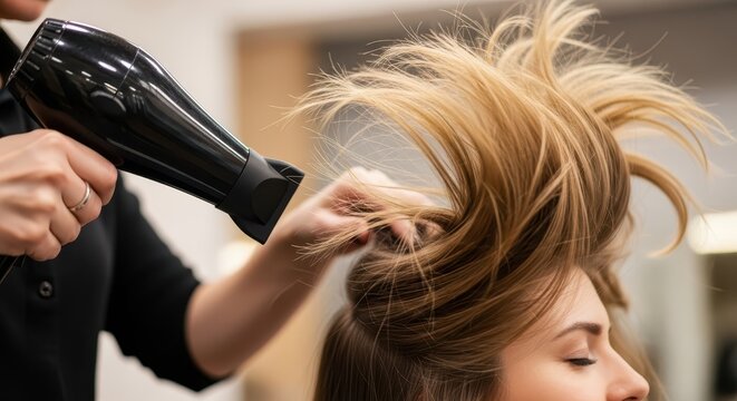 Professional stylist dries and styles client's blonde hair with an appliance