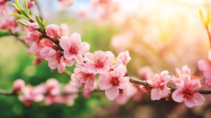 Obraz premium Cherry blossoms in spring with soft sunlight filtering through branches, delicate petals against vibrant greenery, ethereal landscape capturing nature beauty, renewal, joy tranquil seasonal atmosphere