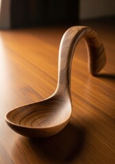Gracefully curved wooden ladle rests upon a highly polished wooden surface