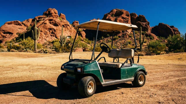Green Golf Cart Desert Landscape Red Rocks Cacti Blue Sky Sunny