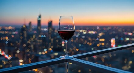 Obraz premium Glass of dark beverage rests upon an outdoor railing overlooking a cityscape at twilight