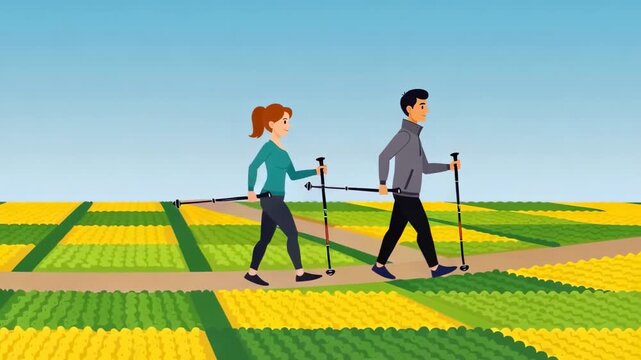 Couple nordic walking through scenic farmland animation style fitness and wellbeing cartoon style outdoor activity recreation healthy lifestyle