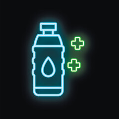 Obraz premium Glowing neon icon of a water bottle with two plus symbols, representing the health benefits of staying hydrated