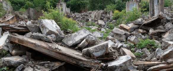 Debris from broken concrete and metal bits covers an empty lot.