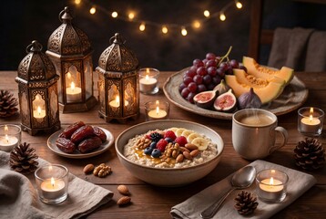 Cozy breakfast setting with oatmeal and fruits on a wooden table.