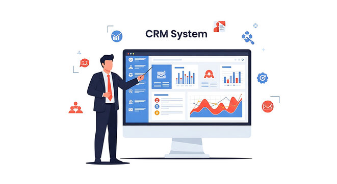 Businessman presenting data on computer screen in office setting with graphs