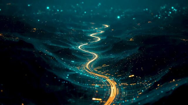 Mysterious glowing path winds through dark rippling water under starry night sky