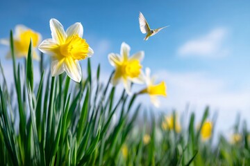 Fototapeta premium Low angle view of yellow daffodils and flying bird against blue sky. Spring nature background with flowers in meadow. Easter concept