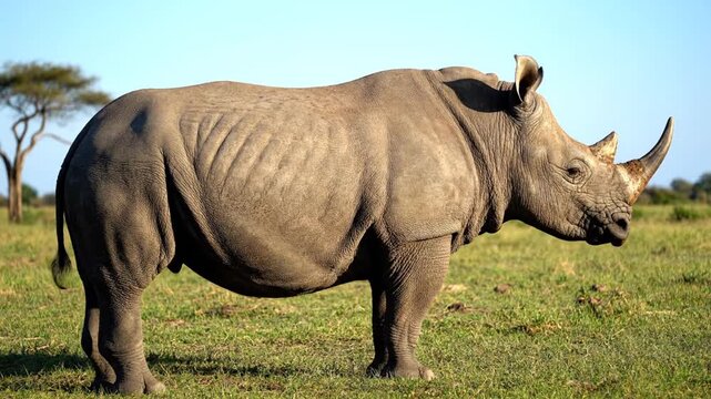 Horned rhinoceros is standing in the grassland. 4k