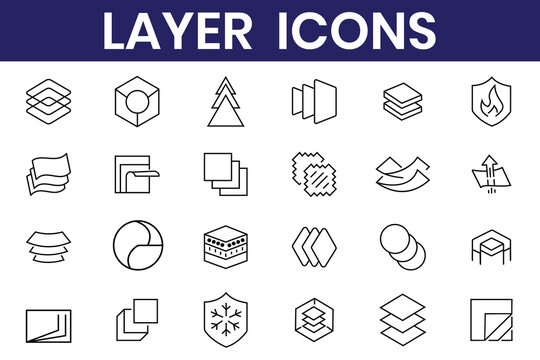Layers icon set. Logo layers, levels, tiers, sheets icons. Fabric floor layers symbol absorbent of material stack vector. layer brush, move tool, selection tool, layer mask icon, clipping icon.