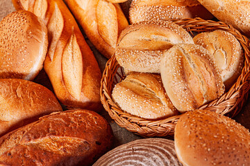 Fresh baked bread. Assorted bakery products loafs of bread and rolls...