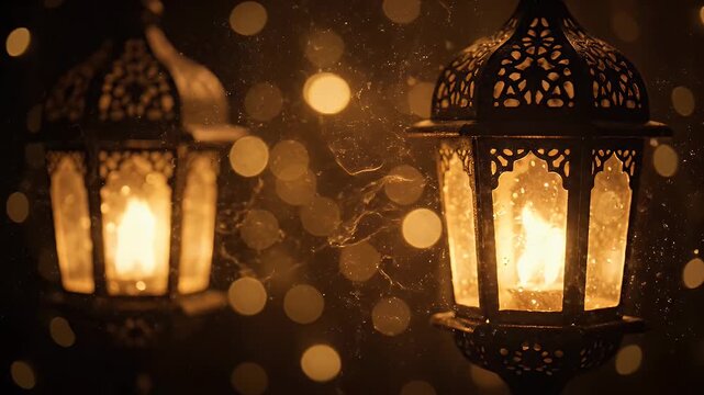 Ornate Moroccan lanterns glowing warmly at night with bokeh lights.