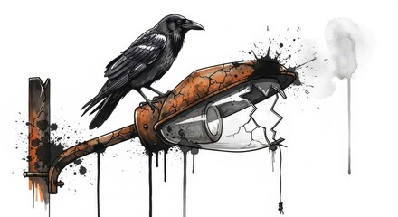 Fototapeta premium Dark bird perches atop a heavily corroded and broken outdoor lighting fixture