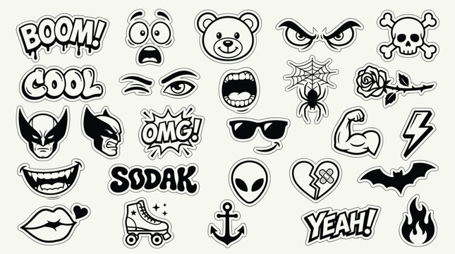 Collection of various tattoo designs and emoticon expressions