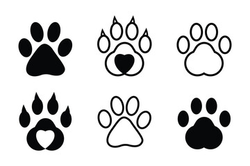 Fototapeta premium Paw print simple icons. Dog or cat paw print flat icon for animal apps and websites. . Paw footprint icon set, paw print icons in different style, cute animal