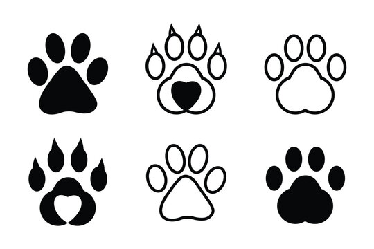 Paw print simple icons. Dog or cat paw print flat icon for animal apps and websites. . Paw footprint icon set, paw print icons in different style, cute animal