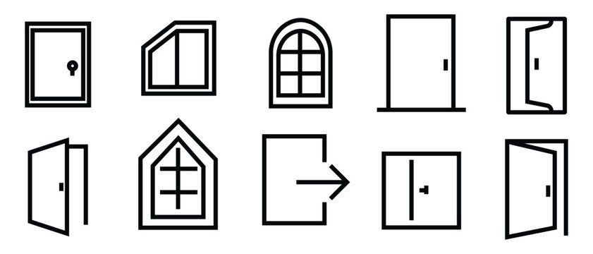 Door icons set. Open, close and ajar door. Doors collection. Login and logout icons. Set of sign out, Sign in vector icon.  Outline vector illustration collection Isolated on white background.