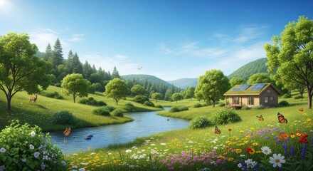 Fototapeta premium A serene, picturesque landscape featuring a small house nestled among lush greenery, a winding river, and a clear blue sky with a few scattered clouds. 