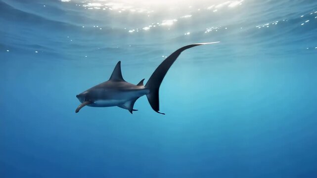 Graceful thresher shark glides underwater in clear blue ocean waters sun rays filter through surface peaceful marine life encounter