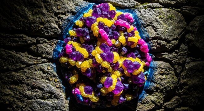 crystalline minerals, including amethyst and citrine, set against a rocky, stone backdrop with a shadowed, dramatic lighting effect.
