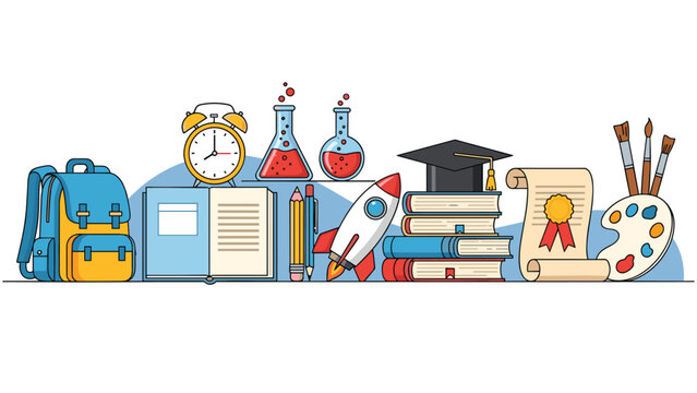 Diverse assortment of school supplies and educational items, including a backpack, alarm clock, beakers, rocket, books, diploma, and art palette, symbolizing learning.