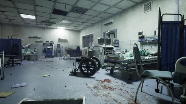 deserted bloodstained recovery room showing overturned wheelchair, scattered charts, idle IV stand and dim corridor light, patient beds empty with unmade