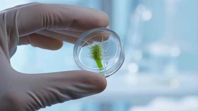 Examining Microbial Life: A Close-Up View of Cultivated Green Algae in a Petri Dish Held by a Researcher in a State-of-the-Art Laboratory Environment