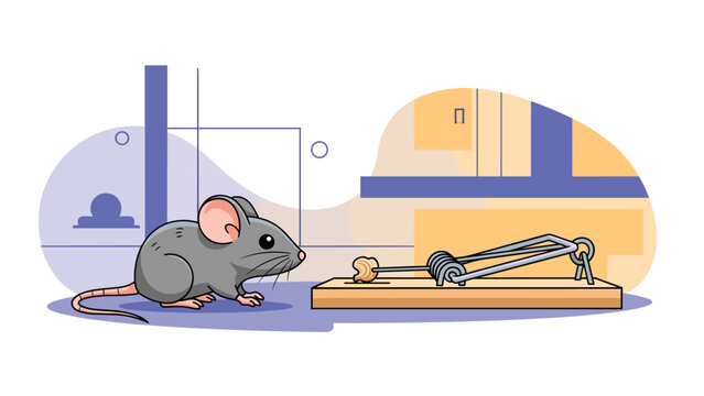 Curious grey mouse cautiously approaching a piece of cheese bait on a classic wooden mousetrap, set against a subtle abstract background.