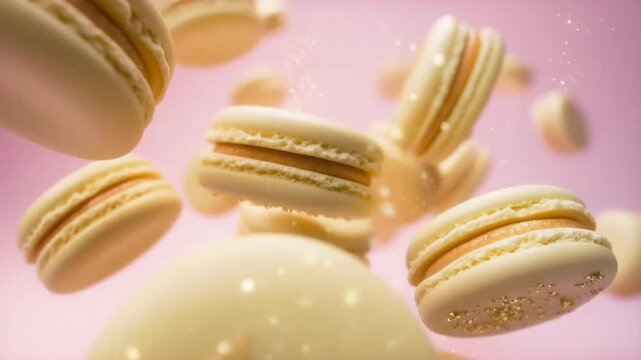 A Dreamy Display of Floating Macarons: Captivating Eye-Candy That Invites You to Indulge in Sweet Delights and Luxurious Treats Against a Soft Pink Background