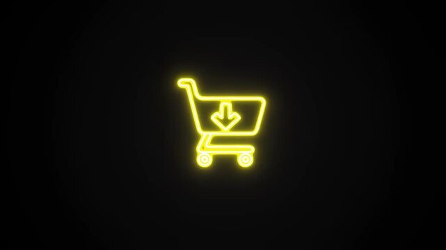 Illuminated Neon Shopping Cart Icon with Download Arrow Against a Dark Background, Symbolizing E-Commerce and Digital Shopping Experience