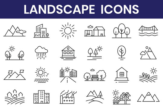 Landscape icon set. Containing mountain, forest, river, beach, desert, field, island, volcano, waterfall, and more. Outline set of landscape designer vector icons for web design. 