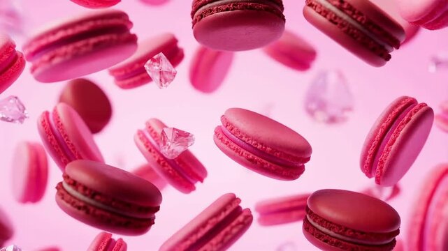 A Delightful Array of Pink Macarons: Capturing the Sweetness and Elegance of Delicate French Pastries Amidst Shimmering Gem-like Crystals in a Dreamy Setting