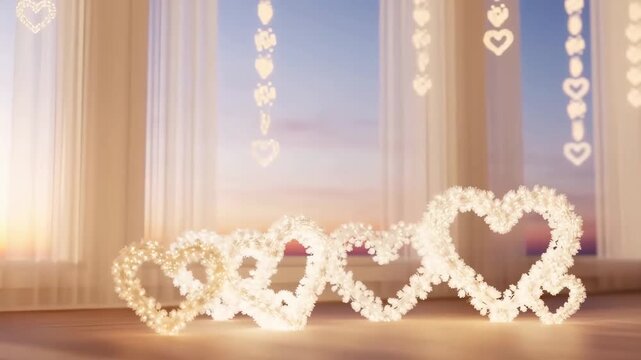 A Beautiful Display of Heart-Shaped Decorations Illuminated by a Soft Sunset Glow, Creating a Romantic and Serene Atmosphere in a Cozy Indoor Space