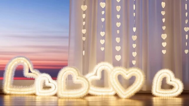 A Romantic Display of Illuminated Heart Decorations Against a Sunset Backdrop, Creating a Warm and Cozy Ambiance for Love and Celebration