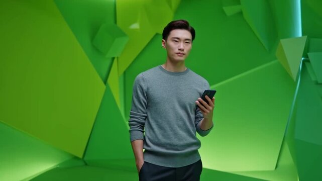 A Young Man Engaged with His Smartphone Against a Vibrant Green Geometric Background Capturing a Moment of Modern Interaction and Style