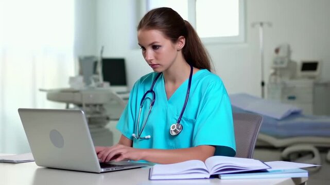Focused Medical Professional Typing on a Laptop in a Clinical Environment, Engaged in Research or Patient Care Tasks with a Blue Scrub Uniform and Stethoscope Ready for Use