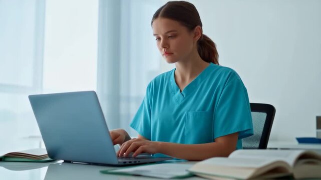 Focused Medical Professional Engaged in Research and Learning at Home, Utilizing Laptop for Online Education and Career Development in Healthcare Field