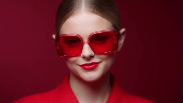A striking portrait of a confident model wearing oversized red sunglasses and a bold lipstick, set against a vivid crimson backdrop, showcasing modern fashion and alluring style.