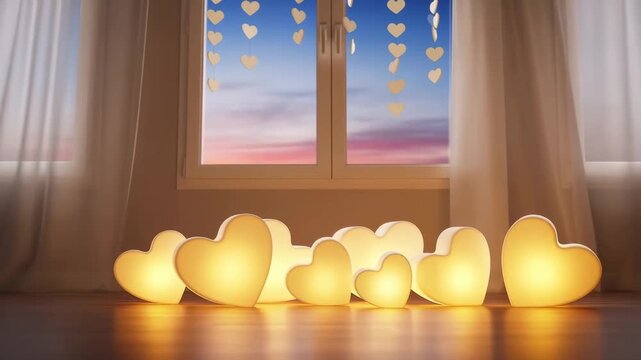 A Cozy Evening Scene with Heart-Shaped Lights, Soft Curtains, and a Beautiful Dusk Sky Filled with Decorative Heart Cutouts by the Window