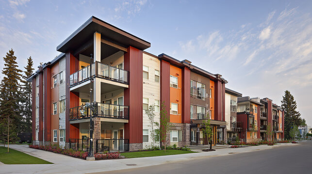 A modern housing complex with clean architectural lines, illuminated by soft daylight.

