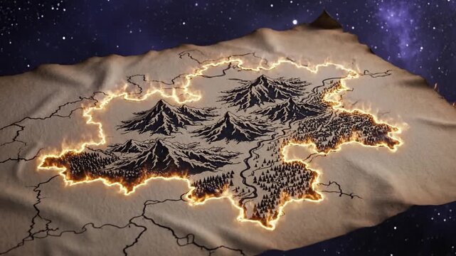 Map of a dark ink lake spreading across an old parchment world atlas with starry backdrop