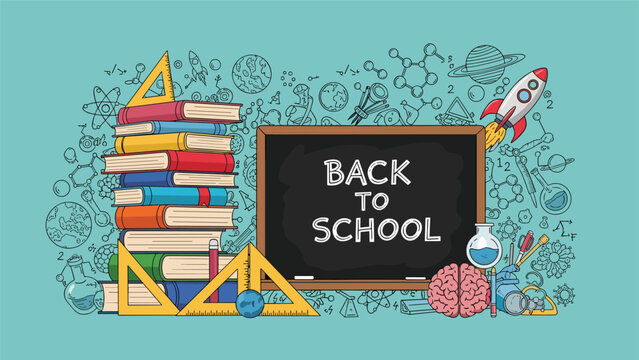 A vibrant "Back to School" illustration featuring a stack of books, school supplies, and a blackboard with rocket and brain doodles.