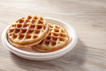 Two golden waffles stacked on a white plate, presented on a wooden surface for a delicious breakfast.