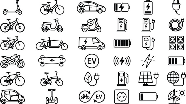 Collection of electric vehicle and sustainable transportation icons on for eco friendly concepts