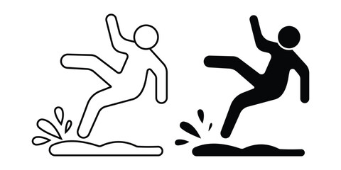 Slippery floor icon. slippery wet floor icon in black solid style. Safety warning: falling hazards—ladder, stairs, slippery floor.    © Dream Scape Studio
