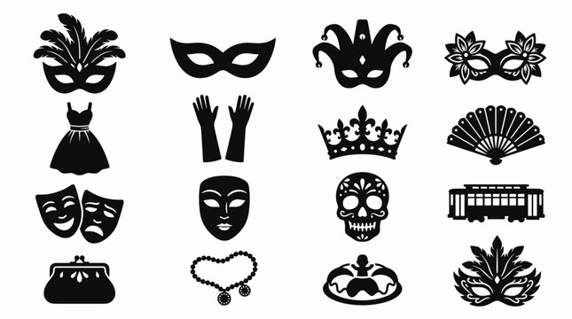 Collection of various black carnival masks and accessories on for party and costume