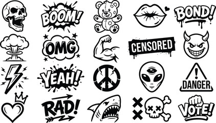 Collection of various black and white stickers and icons on with words like boom, danger, and shark © Safa