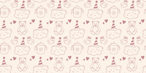 Fototapeta premium Vintage seamless pattern with teddy bears, clouds, socks, sippy cups. Hand drawn minimalist soft line art vector background for baby wallpaper, newborn textile, print, first birthday celebration decor