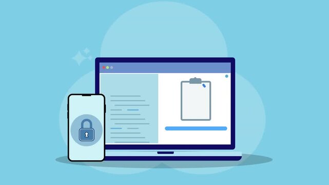 Flat vector animation showing laptop with document clipboard interface and smartphone with lock icon representing secure document management, digital workflow, and protected business data.