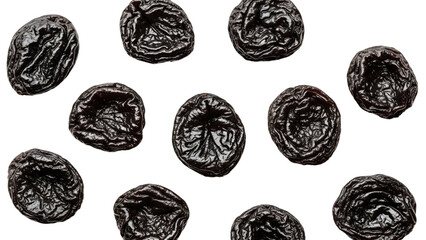 Healthy Dried Prunes Scattered On White Background